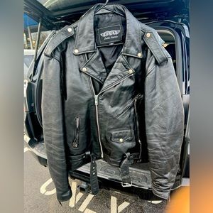 Black leather motorcycle jacket.